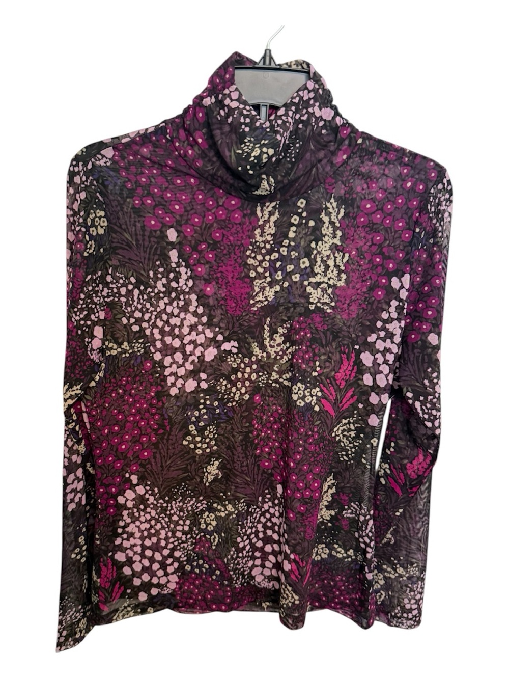 White House Black Market Floral Sheer  Turtleneck Top - Pink & Black